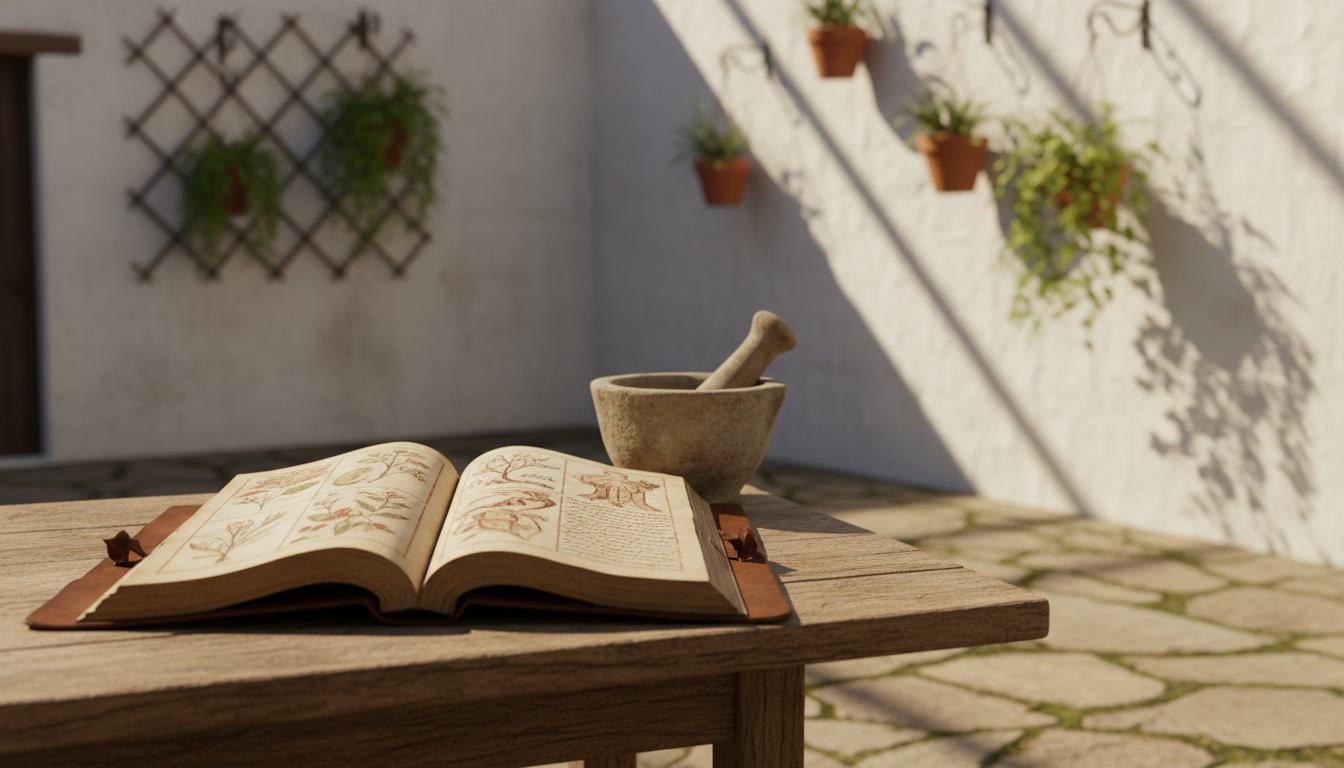 Manuscrit médical ancien ouvert près d’un mortier, dans une cour blanche baignée de lumière douce.
