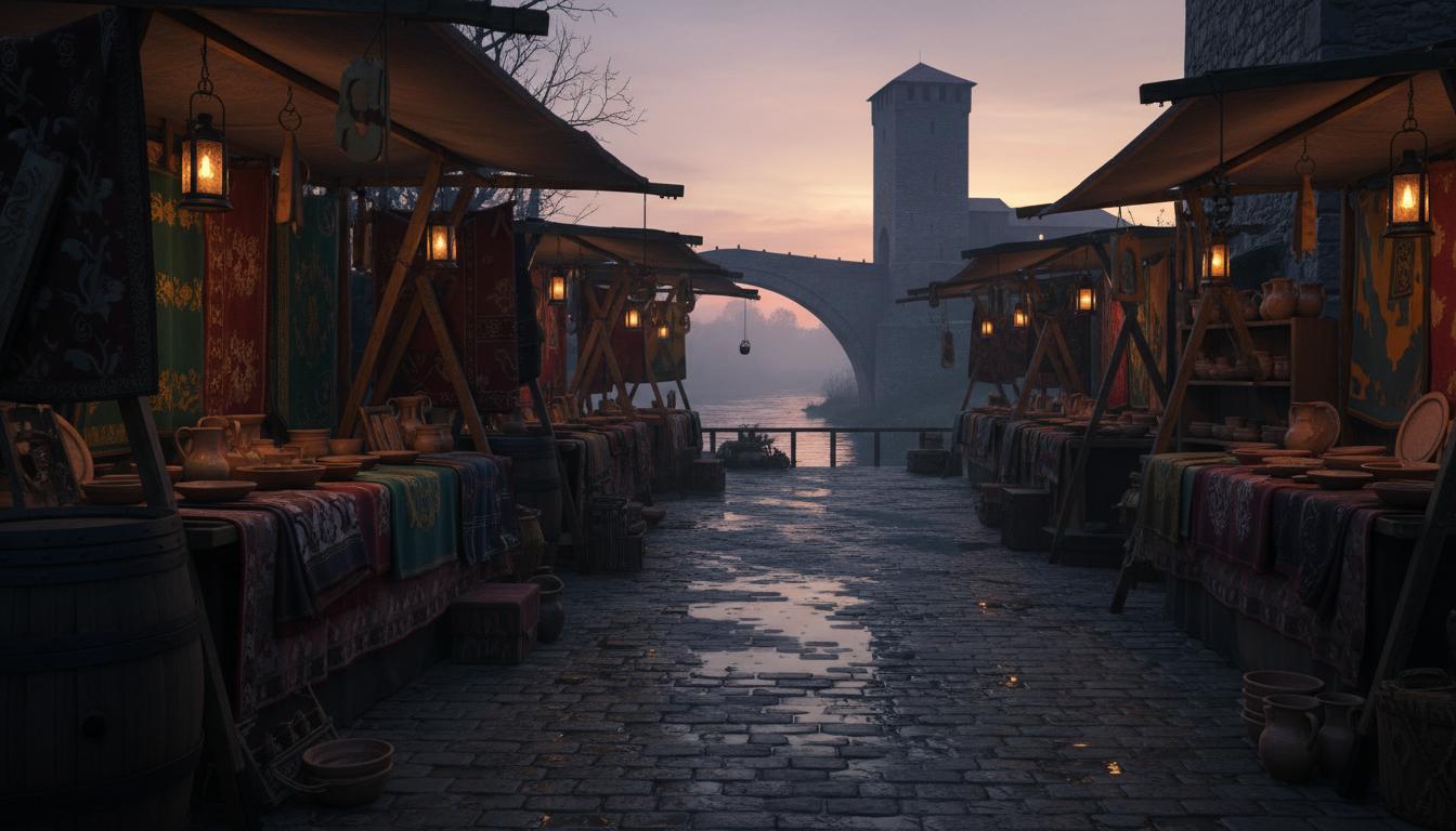 Mercado Andalusí à Cordoue: la ville change de rythme Étals colorés au bord du fleuve, lanternes au crépuscule, pont de pierre voûté et haute tour en silhouette à l’arrière-plan.