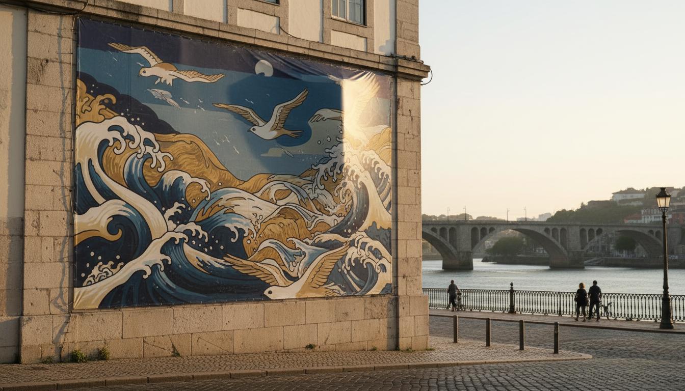 Grand mural bleu et jaune sur une façade au bord du fleuve, avec un pont en pierre au loin et une promenade pavée sous une lumière douce.
