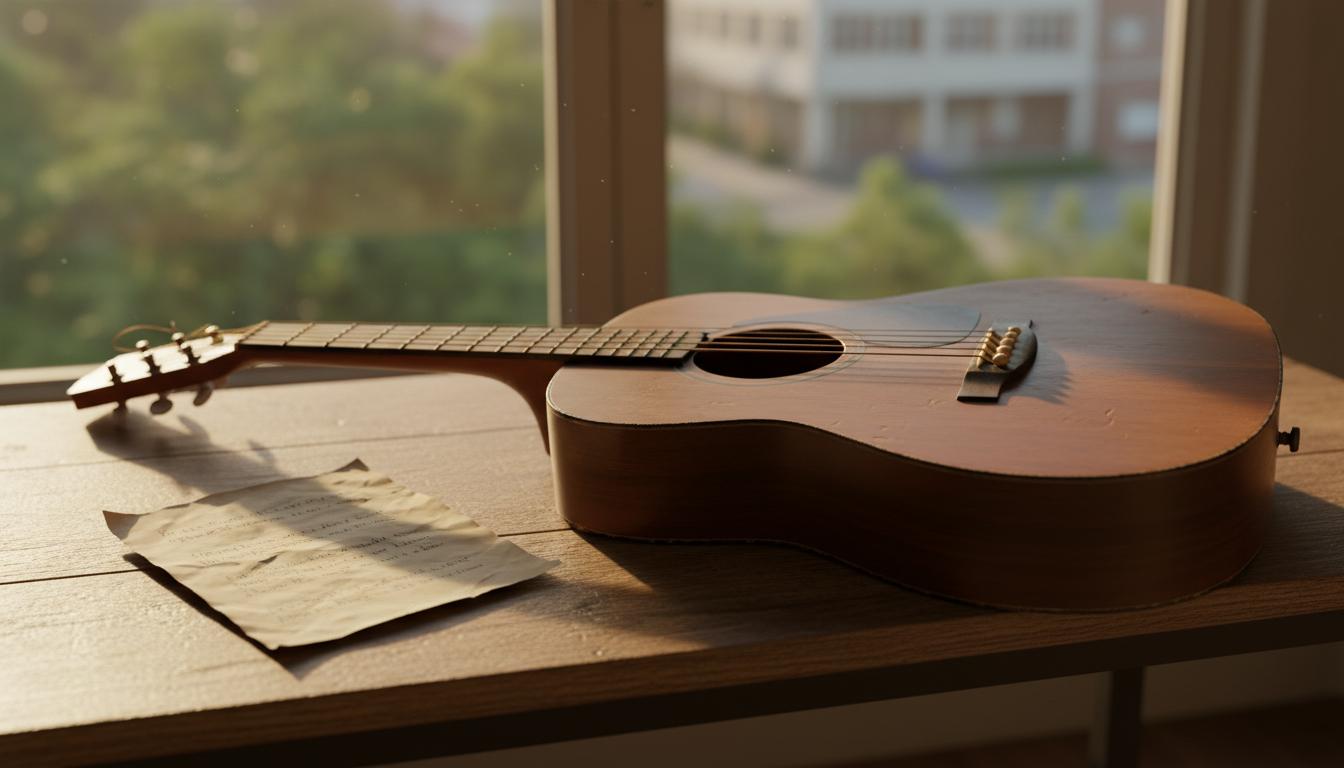 Guitare acoustique sur une table avec partition manuscrite, vue floue sur un hôpital au lever du soleil.