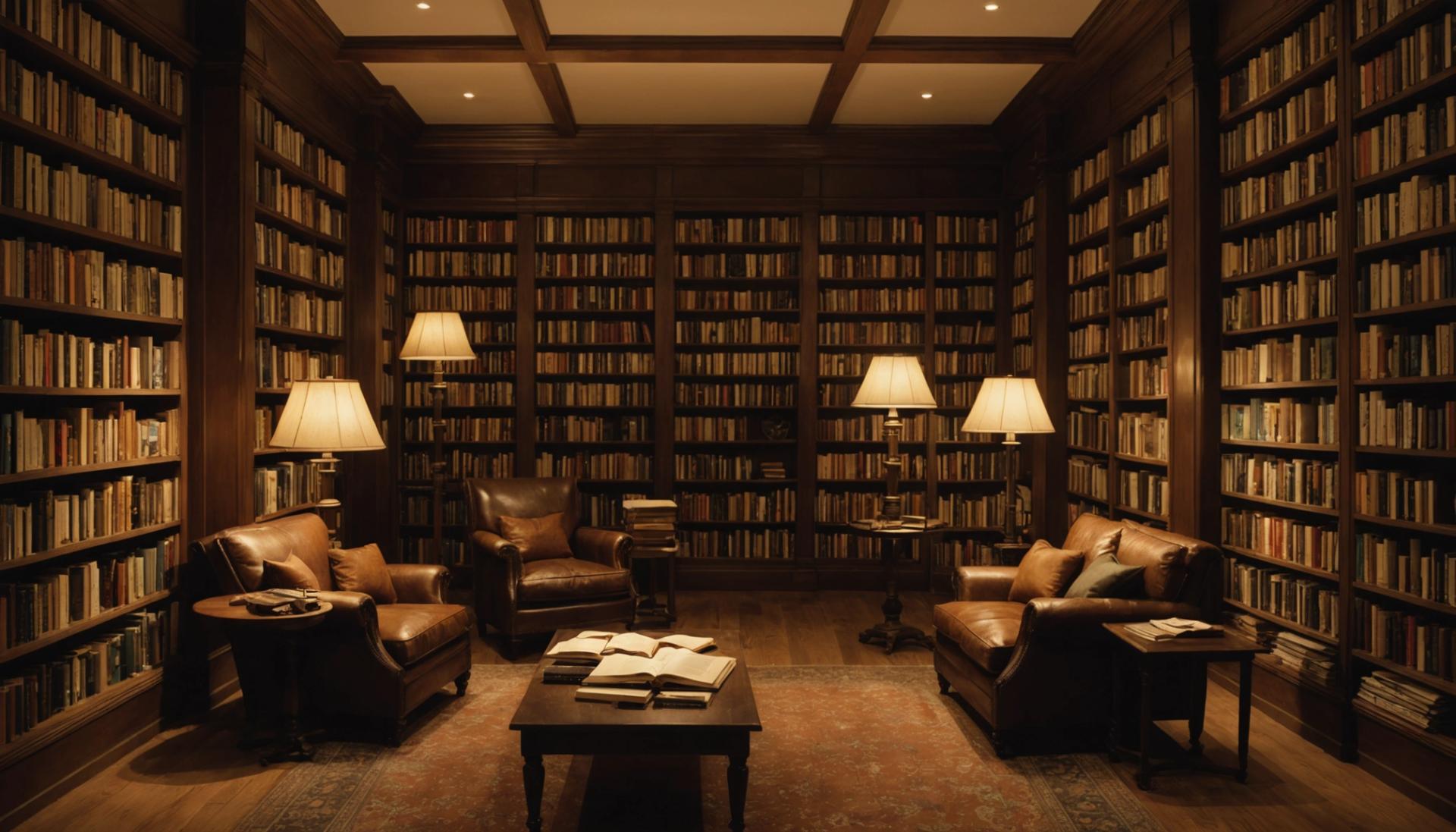 Intérieur chaleureux de bibliothèque avec livres de poésie ouverts sous une lampe, ambiance littéraire du soir.