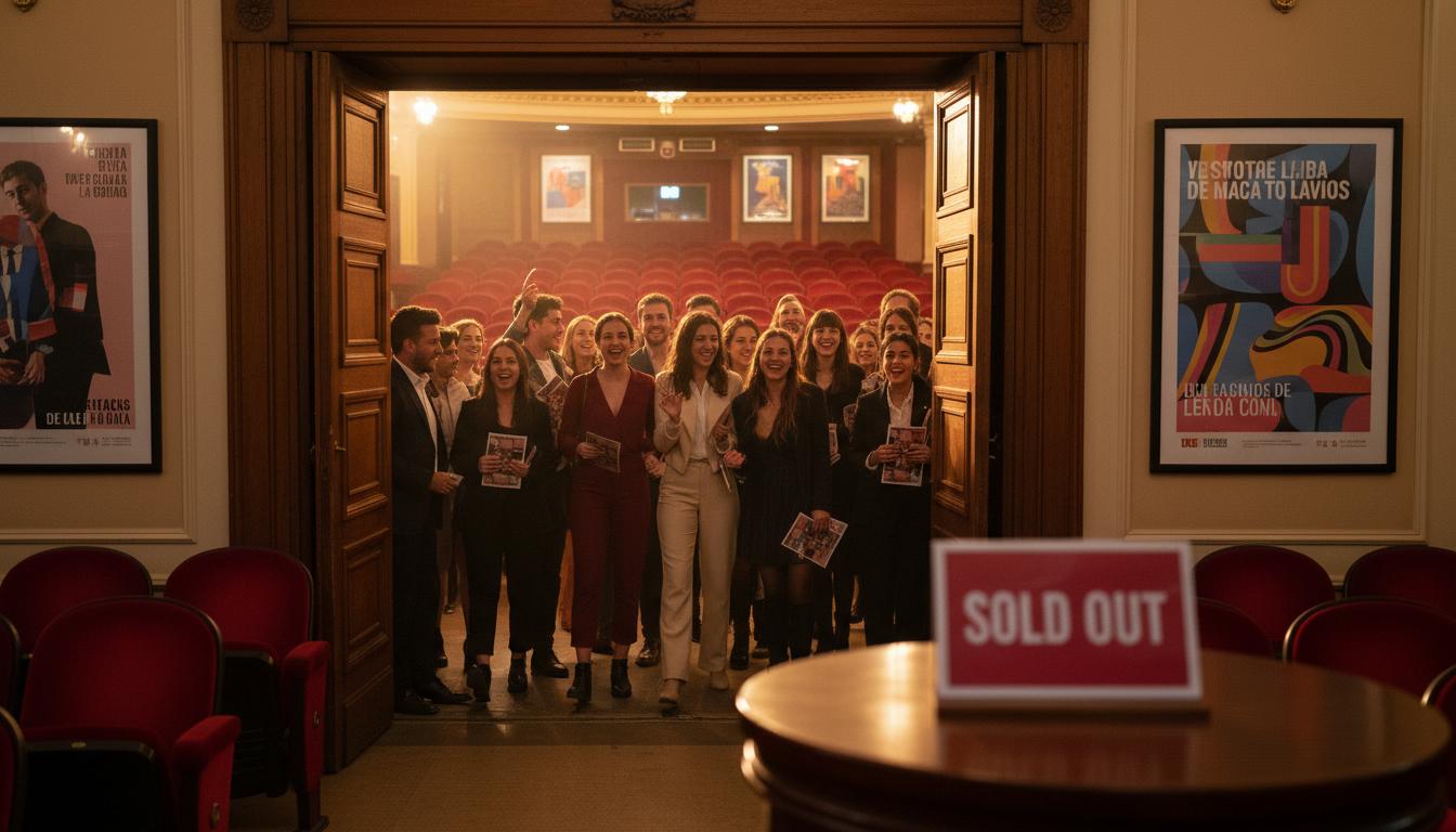 Public hilare sortant du Teatro Avanti après un spectacle comique, avec cartel 'complet' visible.