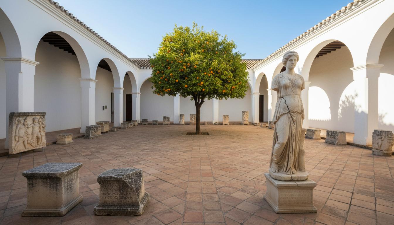 Vacances de Pâques à Cordoue 2026 : guide pratique Cour de musée andalouse baignée de soleil, avec fragments archéologiques en pierre et statue, murs blancs et ombres d’oranger.