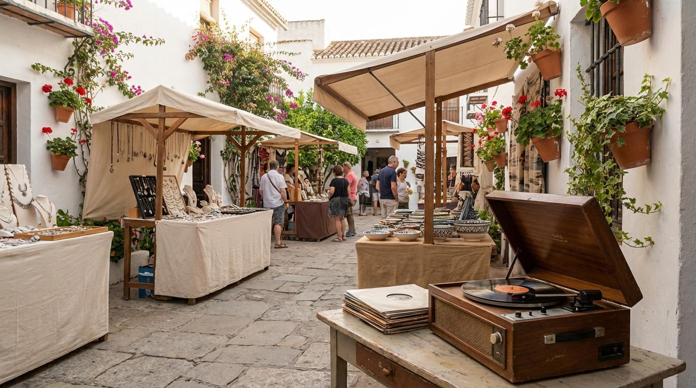Un patio traditionnel de Cordoue avec des stands d'artisanat local, des plantes suspendues et une ambiance de marché culturel sous une lumière naturelle douce.