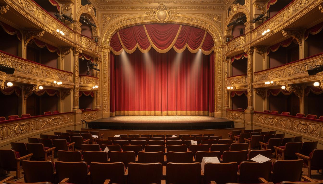 Intérieur d’un théâtre aux balcons dorés, rideau rouge fermé et lumières de scène prêtes, ambiance du soir.