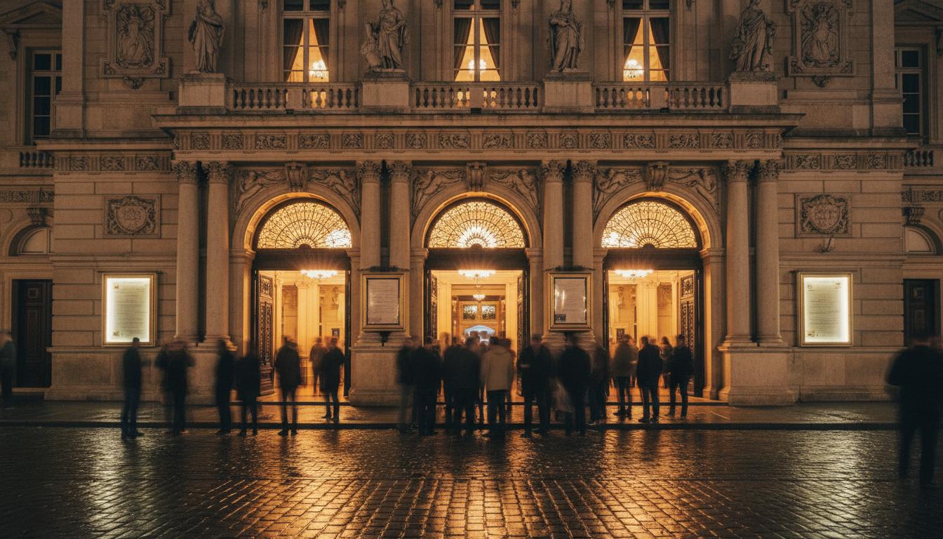 Entrée d’un théâtre illuminé la nuit, façade en pierre et rue pavée brillante, avec une file de spectateurs flous.