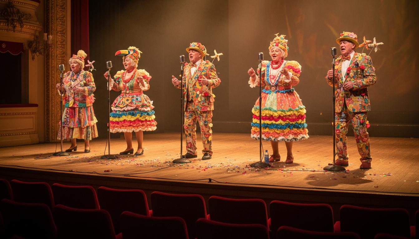 Groupe de seniors costumés chantant sur une scène de théâtre, face à des fauteuils rouges, sous une lumière chaude et dorée.
