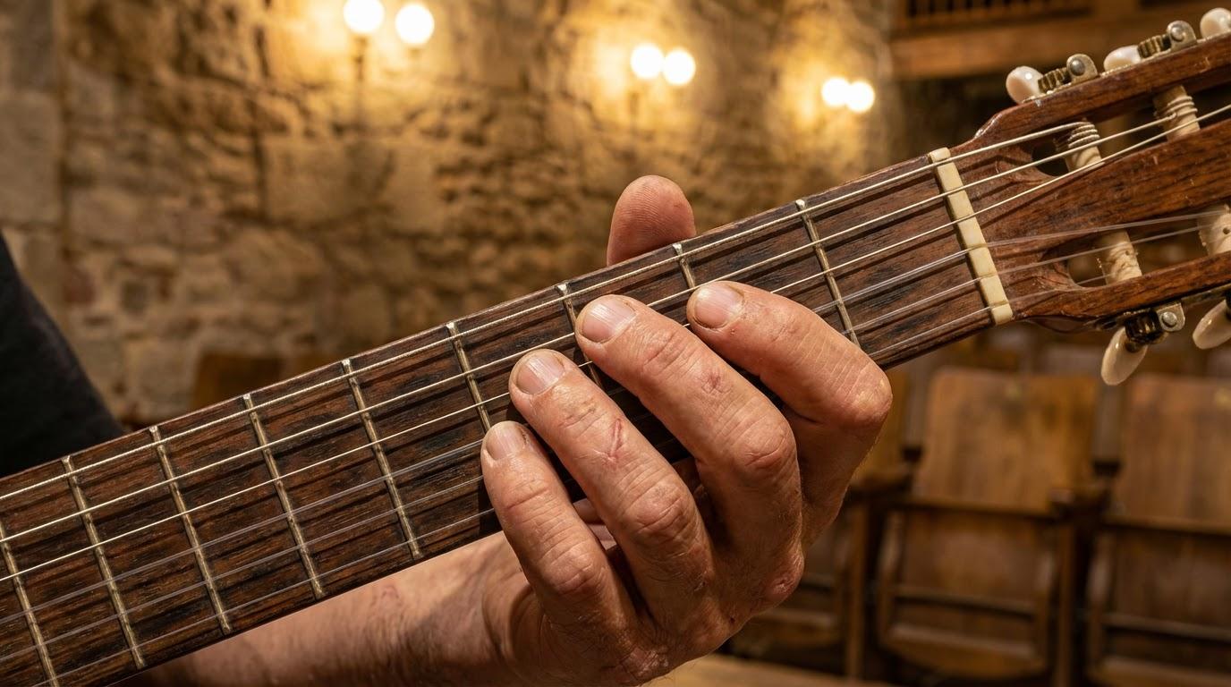 Festival de la Guitarra de Cordoue : le guide de l’été 2026 Gros plan des mains d'un guitariste espagnol sur les cordes, éclairage de scène doré et chaleureux dans un théâtre historique de Cordoue.