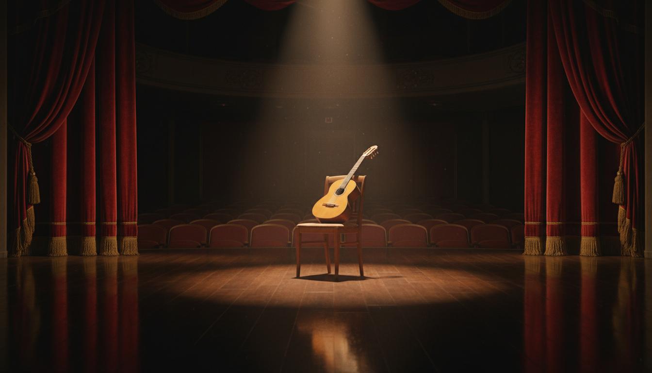 Scène de théâtre vide avec une guitare sur une chaise, éclairée par un projecteur, rideaux rouges et sièges en pénombre.