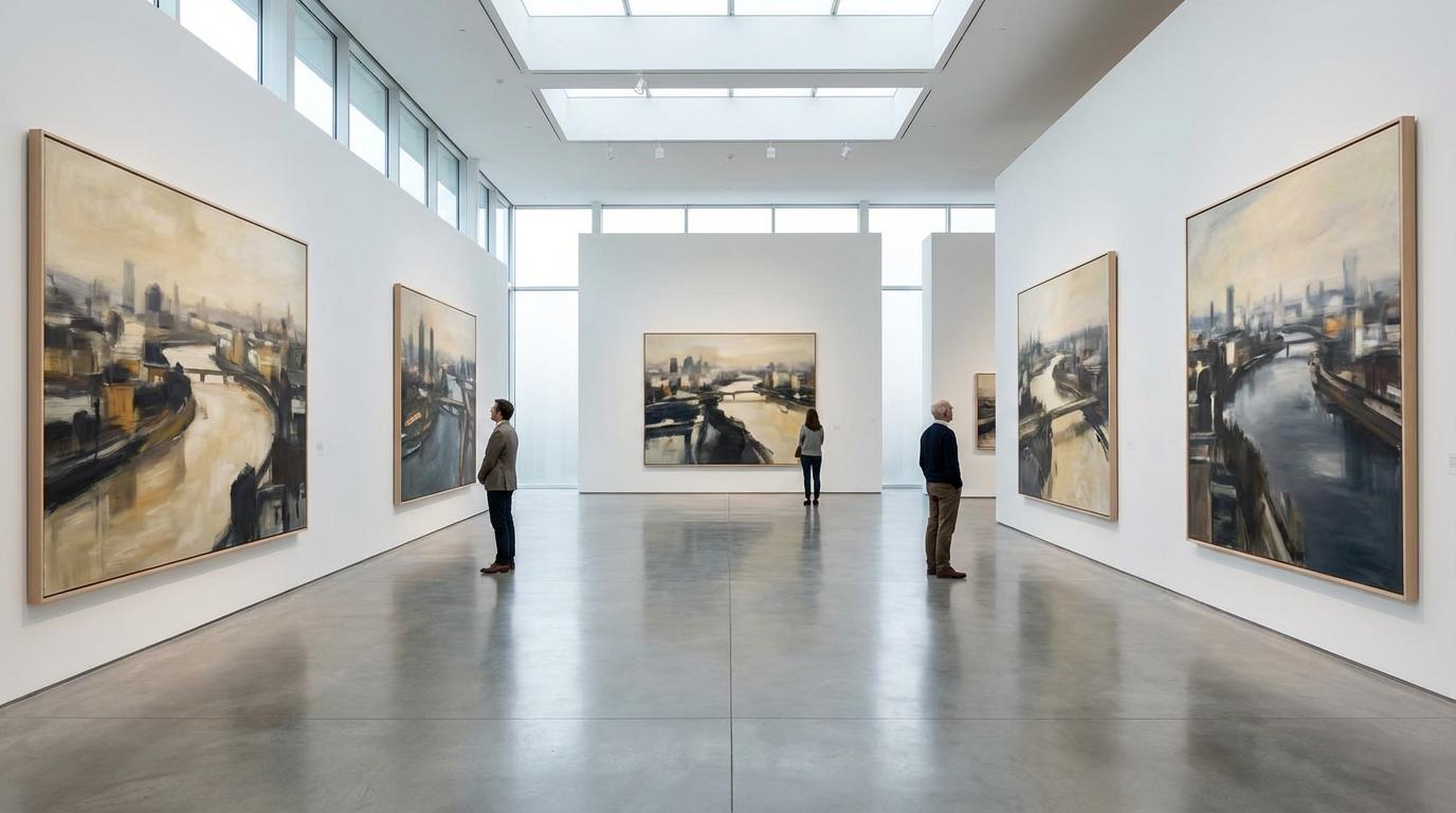 Une galerie d'art lumineuse exposant les peintures de paysages contemporains de Francisco Escalera, montrant des rivières et des scènes urbaines aux tons terreux.