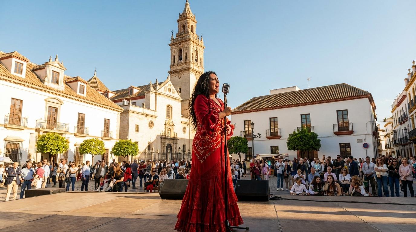 Une chanteuse de copla sur scène sur une place andalouse historique, devant une église baroque sous un soleil radieux de midi.