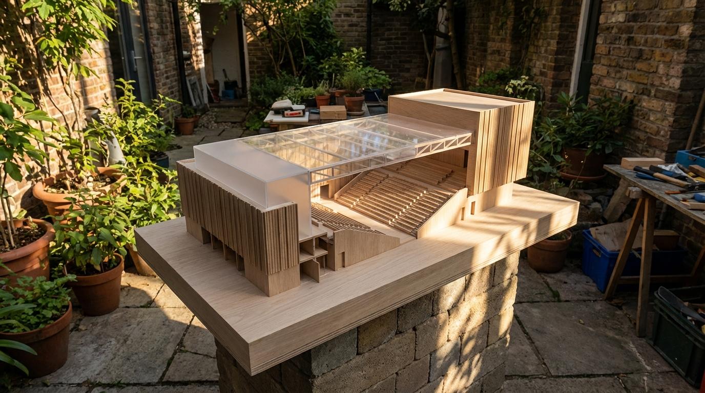 Maquette d'architecture moderne représentant un projet de grand auditorium urbain avec des lignes épurées sous une lumière contrastée.
