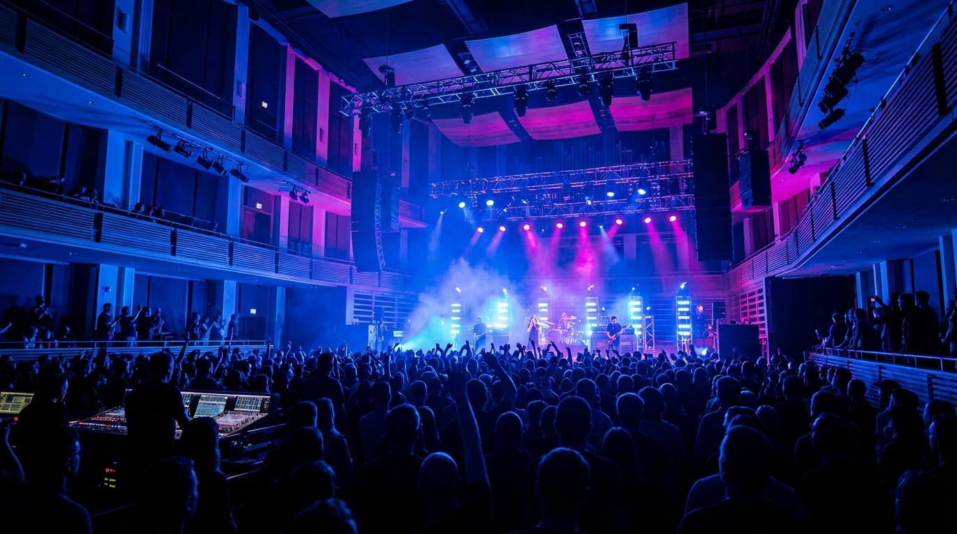 Intérieur moderne d'une salle de concert à Cordoue avec des éclairages scéniques colorés et une foule en silhouette.