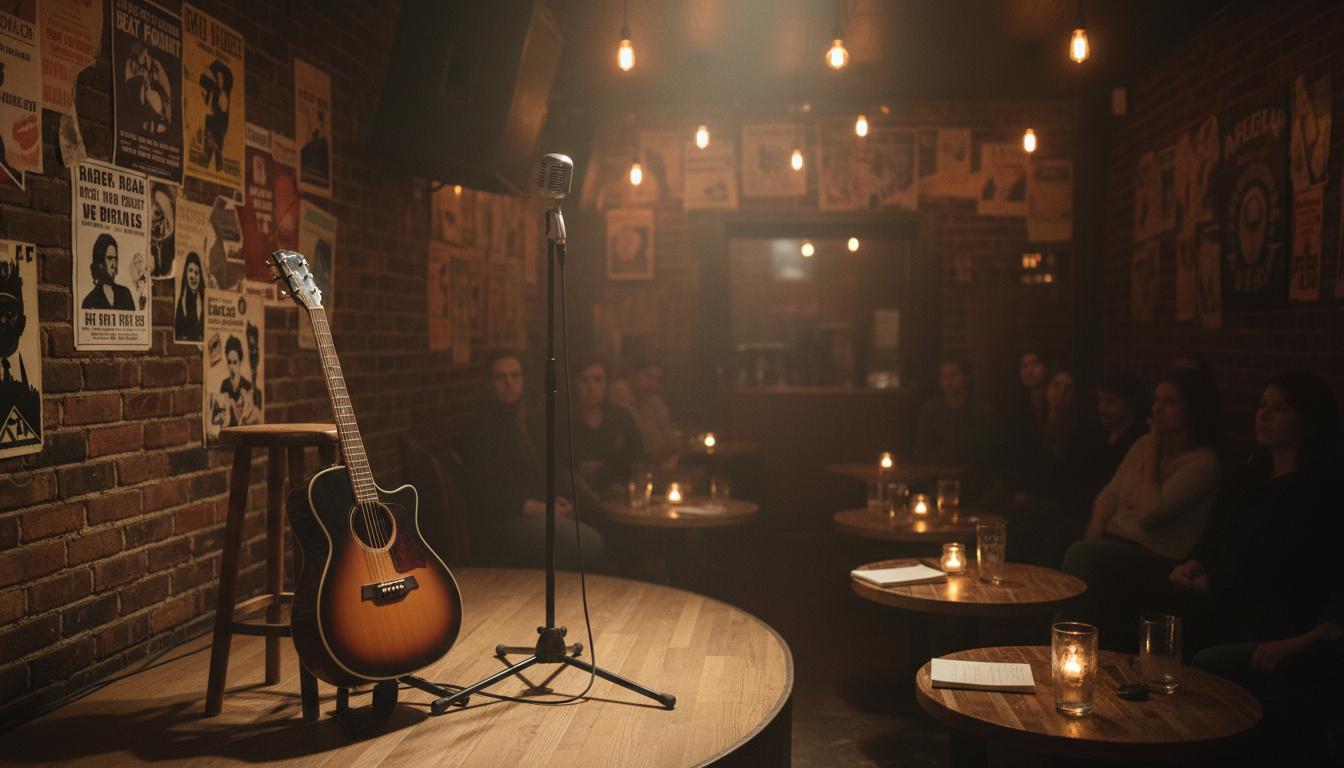 Micros ouverts à Cordoue, la scène qui ose l’imparfait Petit bar intimiste avec une guitare posée sur un tabouret près d’un micro, lumière chaude et silhouettes d’un public attentif.