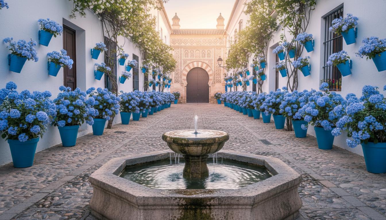 Ruelle blanche avec pots de fleurs bleus et petite fontaine octogonale, à la lumière douce du matin.