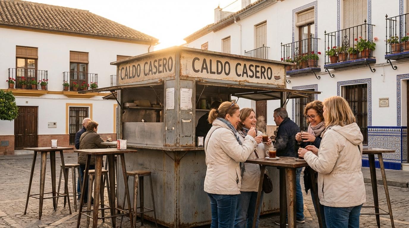 Saison des escargots à Cordoue 2026 : le guide d’initié Un stand traditionnel de caracoles sur une place ensoleillée de Cordoue avec des clients dégustant des tapas en plein air.
