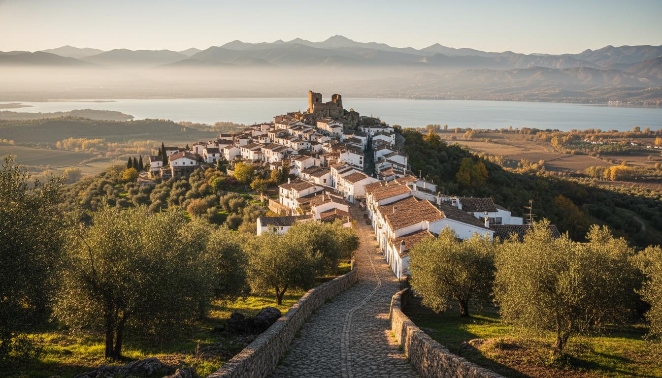 Village blanc perché avec ruines de château, oliveraies et lac au loin, lumière douce d’automne.
