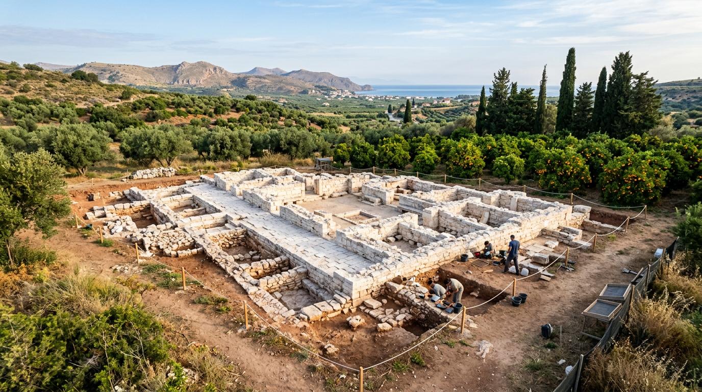 Al-Rusafa à Cordoue : le palais perdu d’Abderraman Ier Fouilles archéologiques de structures en pierre blanche entourées d'orangers et de cyprès sous une lumière matinale douce à Cordoue.