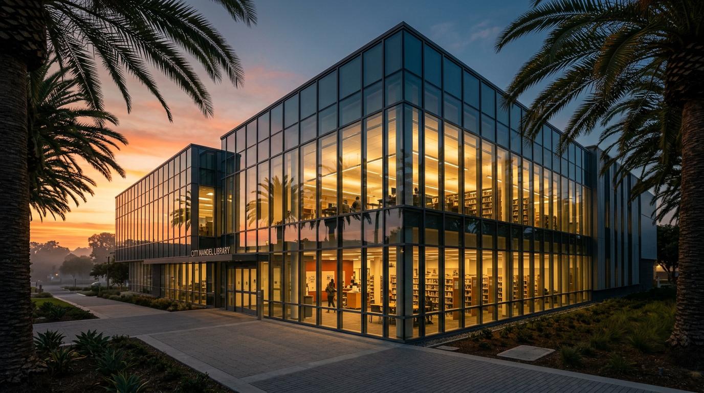 Une bibliothèque moderne en verre au coucher du soleil avec des palmiers et des lumières chaleureuses reflétées dans les vitres.