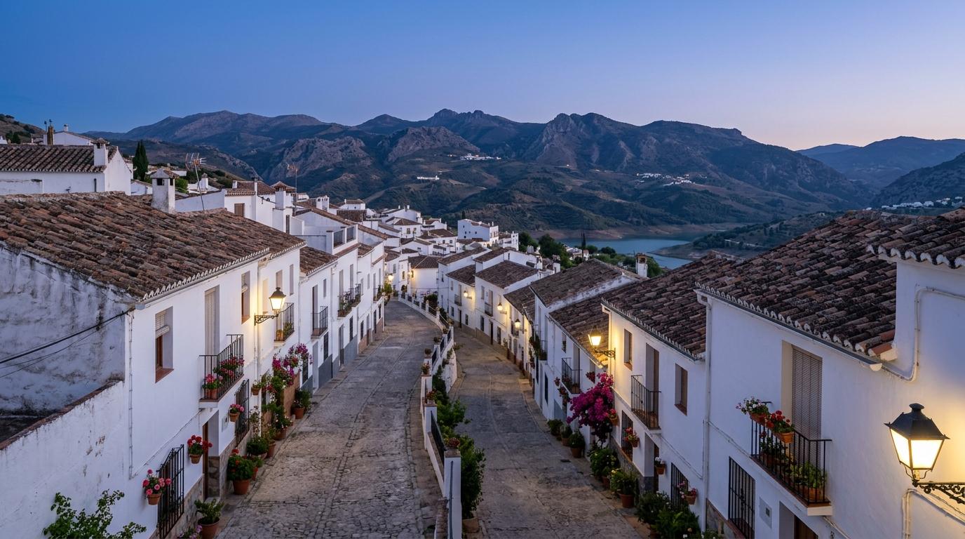 Un village blanc typique de la Sierra de Cordoue au crépuscule, illustrant l'atmosphère mélancolique et rurale de l'œuvre de López Andrada.