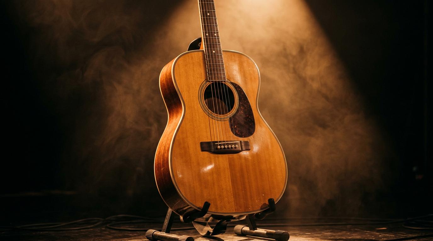 Gros plan d'une guitare acoustique sur scène sous un projecteur ambré, évoquant l'ambiance intimiste d'un concert de musique d'auteur.