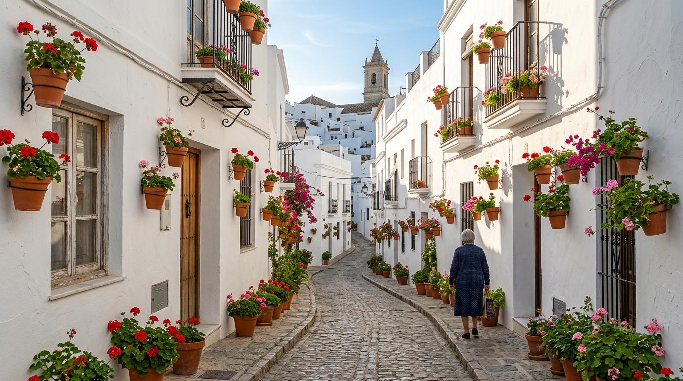 Une ruelle typique de Castro del Río avec des murs blanchis à la chaux et des pots de fleurs suspendus sous un ciel bleu intense.