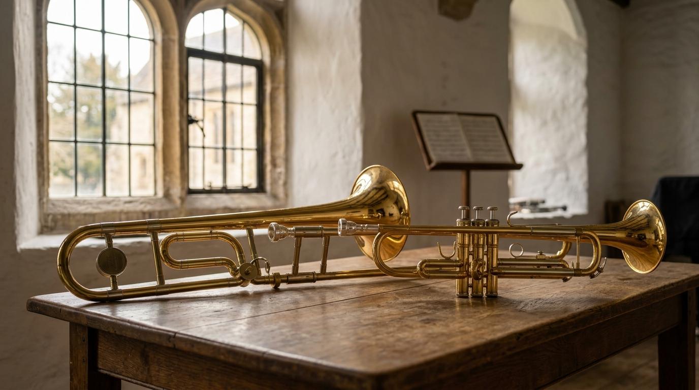 Bandas de música de Cordoue : les coulisses d’un son unique Instruments de musique en cuivre, trompette et trombone, posés sur une table en bois sous une lumière douce dans une salle aux murs blancs typiques de Cordoue.