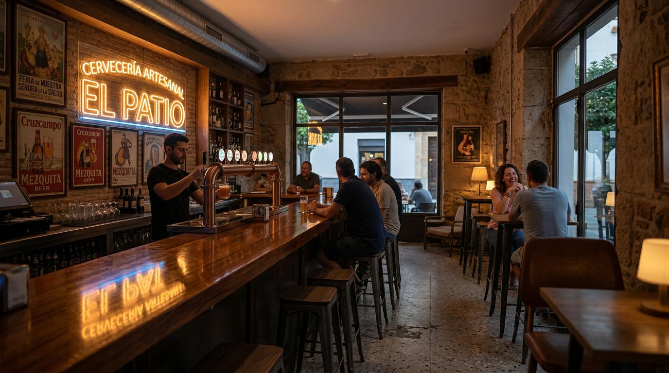 Bares modernes de Cordoue : le guide de la scène Volpina Intérieur tamisé d'un bar moderne à Cordoue avec des affiches vintage et un comptoir en bois poli sous une lumière chaude.