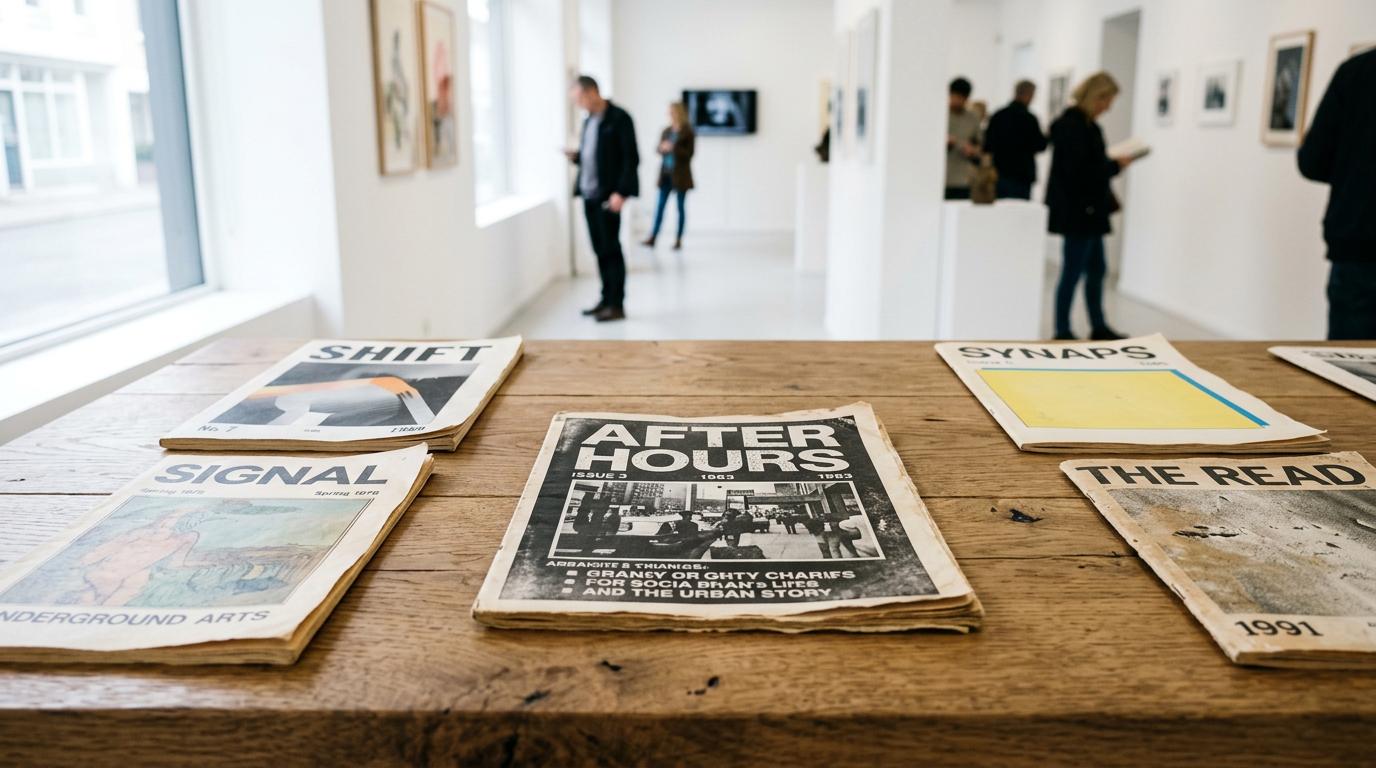 Gros plan de revues indépendantes exposées dans une galerie lumineuse à Cordoue, mettant en avant le design graphique et la texture du papier.