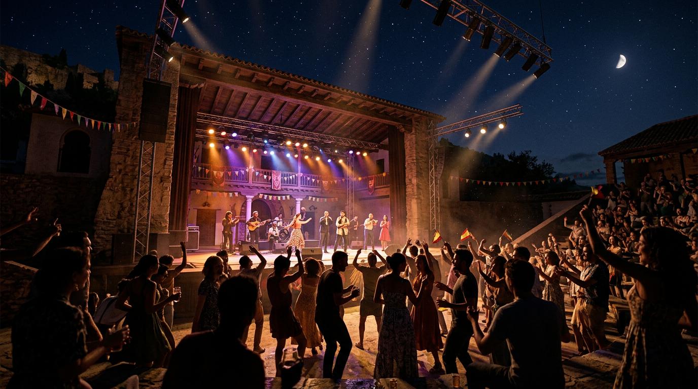 Scène extérieure de l'Auditorium de Lucena illuminée de nuit pour un festival culturel sous les étoiles andalouses.