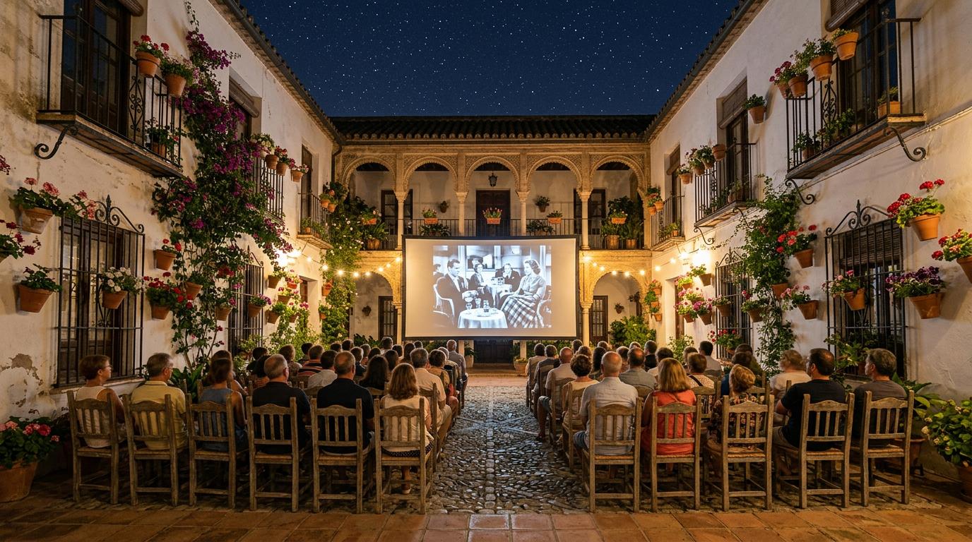 Un cinéma d'été typique à Cordoue avec son écran géant dans un patio traditionnel entouré de murs blancs et de fleurs.