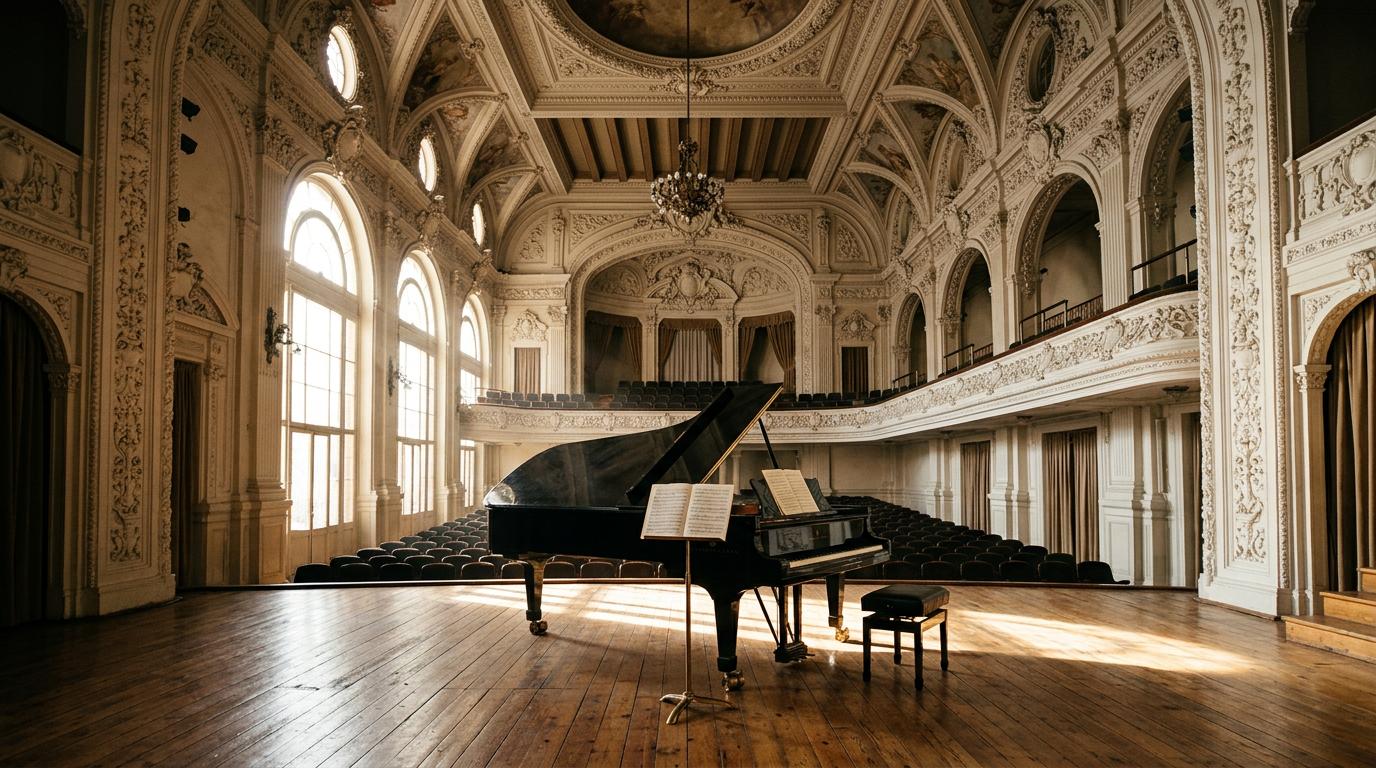 Intérieur de l'Auditorio Cipriano Martínez Rücker à Cordoue avec un piano à queue sous une lumière naturelle tamisée.