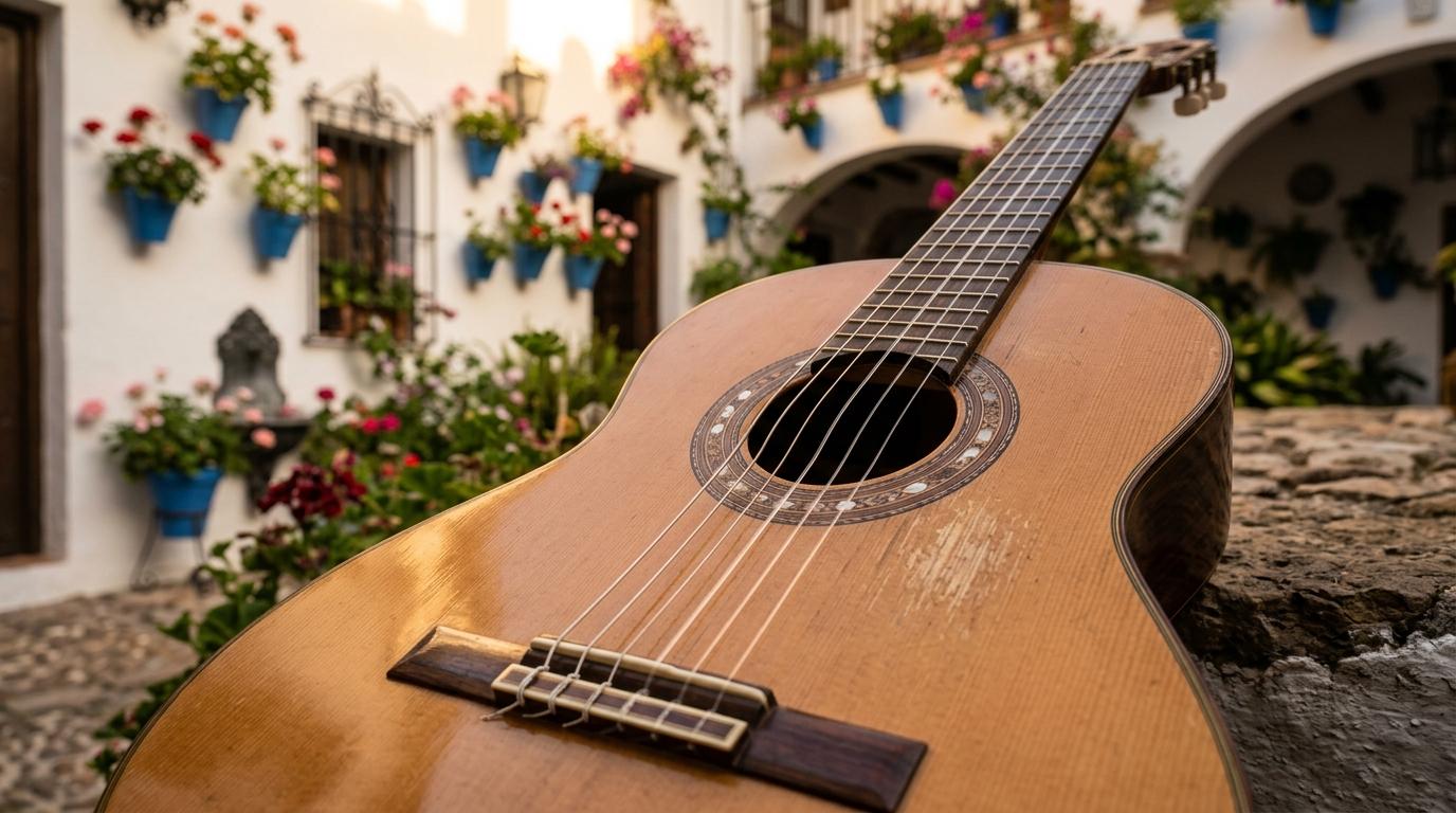 Gros plan sur une guitare espagnole dans un patio andalou baigné par la lumière du soir.