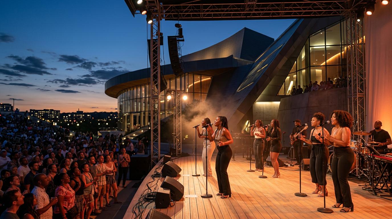 Concert en plein air à l'auditorium de Lucena avec des artistes sur scène sous un éclairage chaleureux de soirée d'été.