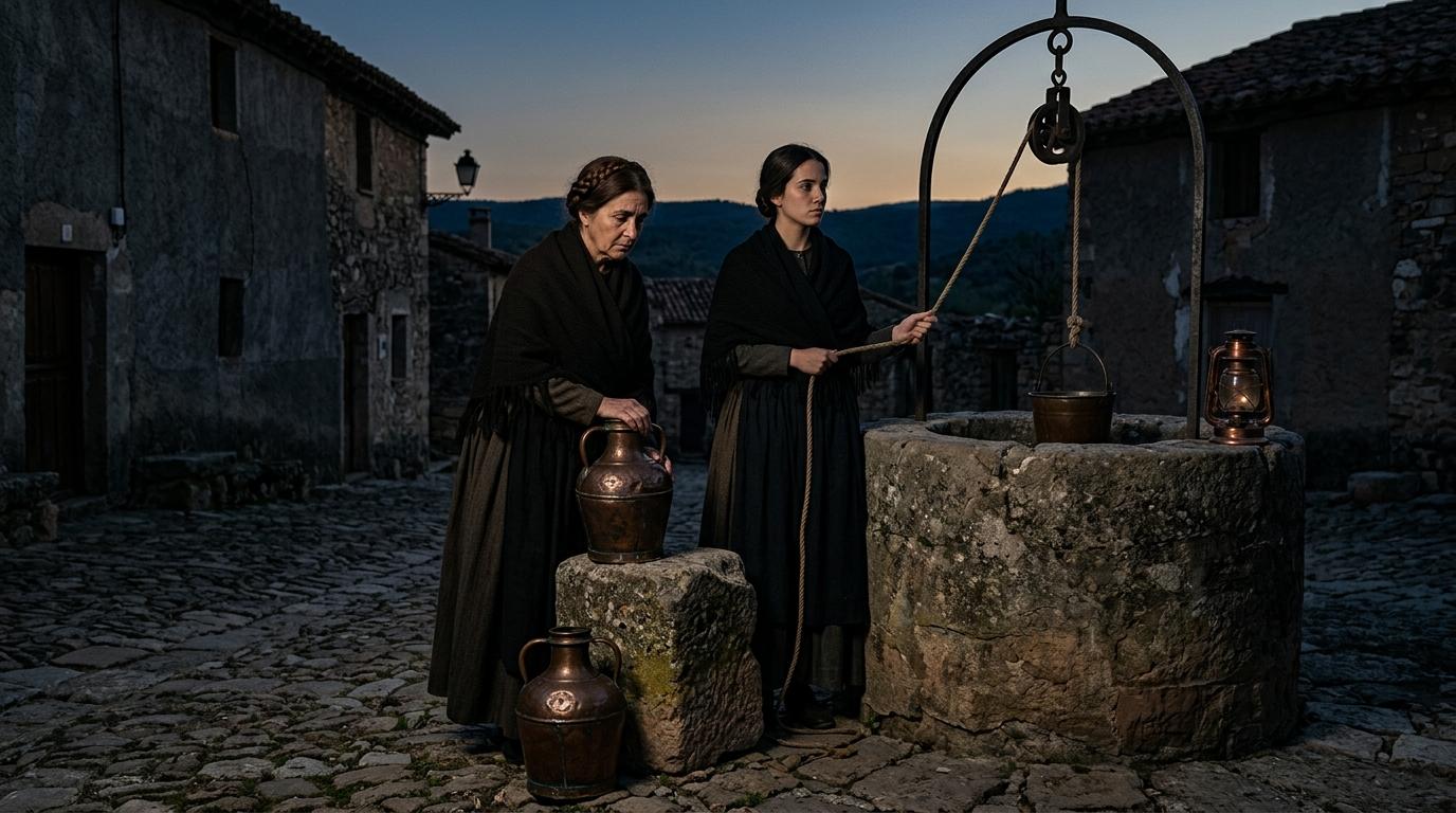 Peinture de style symboliste représentant deux femmes brunes près d'un puits ancien dans une atmosphère crépusculaire mélancolique