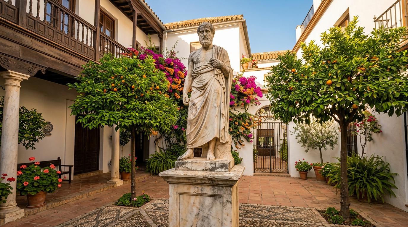 Une statue de philosophe en marbre dans un patio andalou ensoleillé avec des orangers et des jeux d'ombres douces.