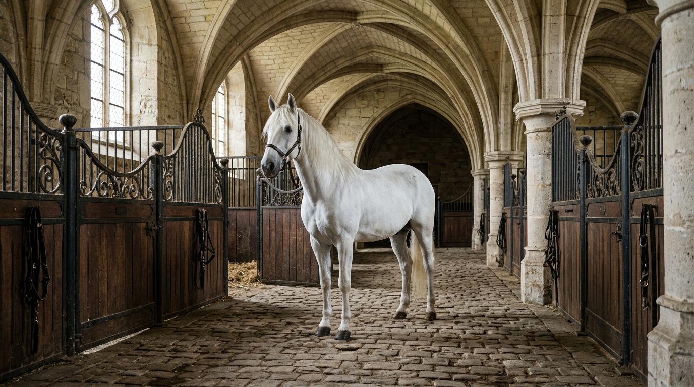 Les Caballerizas Reales de Córdoba entre faste et péril Intérieur des Caballerizas Reales de Cordoue avec un cheval pure race espagnole sous des voûtes de pierre historiques éclairées par une lumière naturelle.