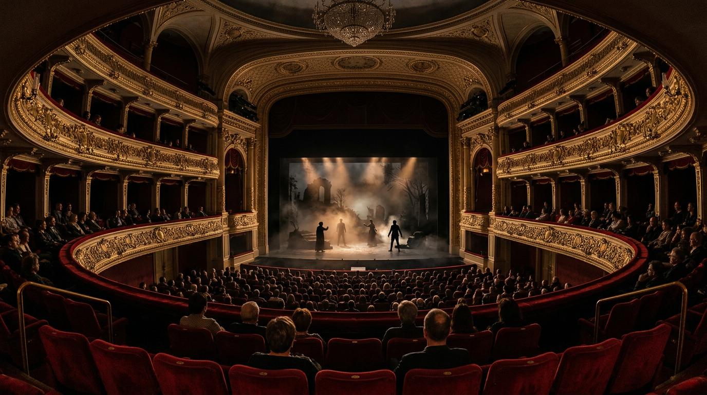 Intérieur majestueux du Gran Teatro de Cordoue avec ses sièges en velours rouge et ses balcons dorés sous une lumière tamisée.