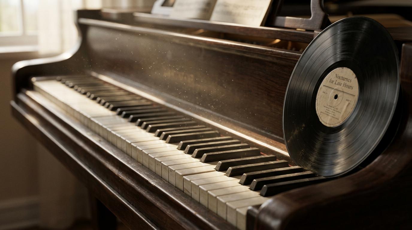 Gros plan d'un piano à queue ancien avec un disque vinyle, éclairage chaleureux suggérant une fusion entre musique classique et moderne.