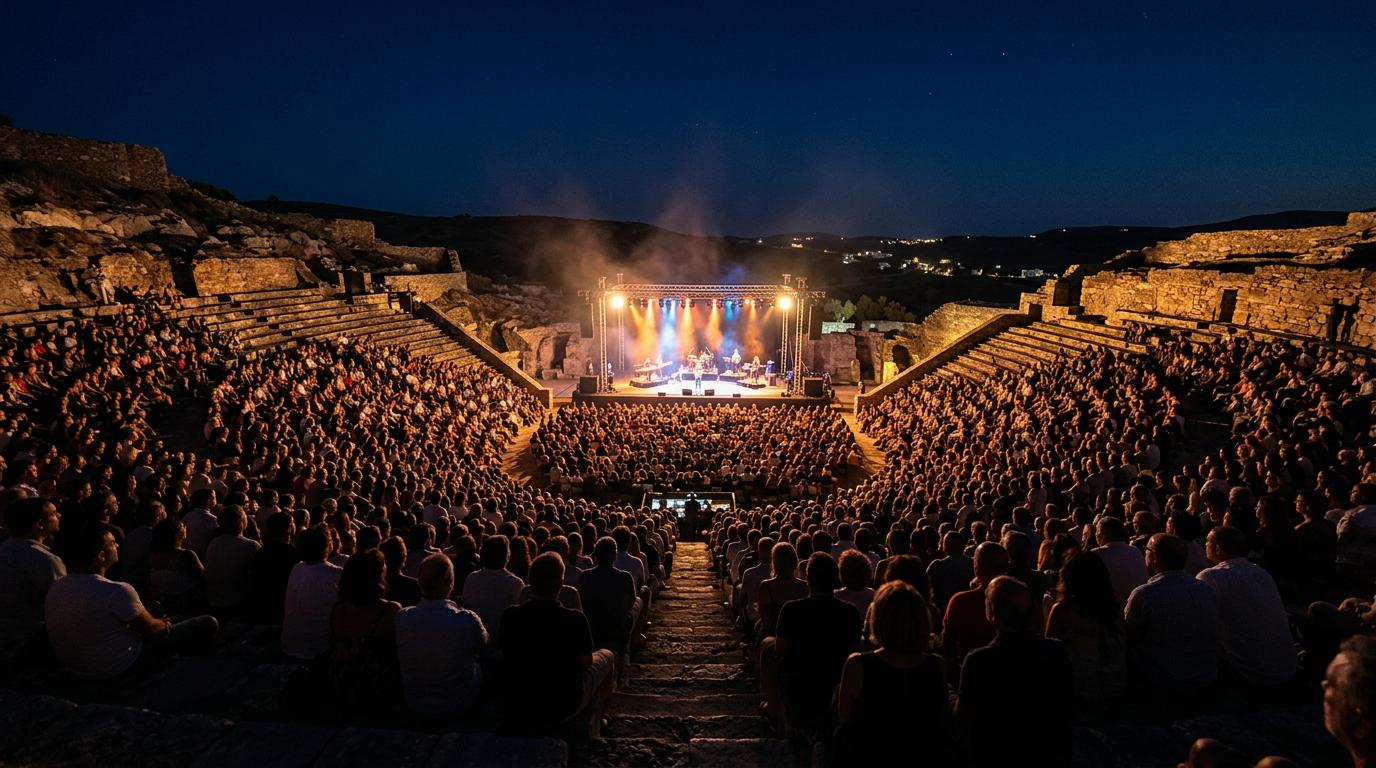 Medina Azahara à Cordoue : une date d’adieu supplémentaire Un théâtre en plein air à Cordoue sous un ciel nocturne avec une scène illuminée et des gradins en pierre lors d'un concert.