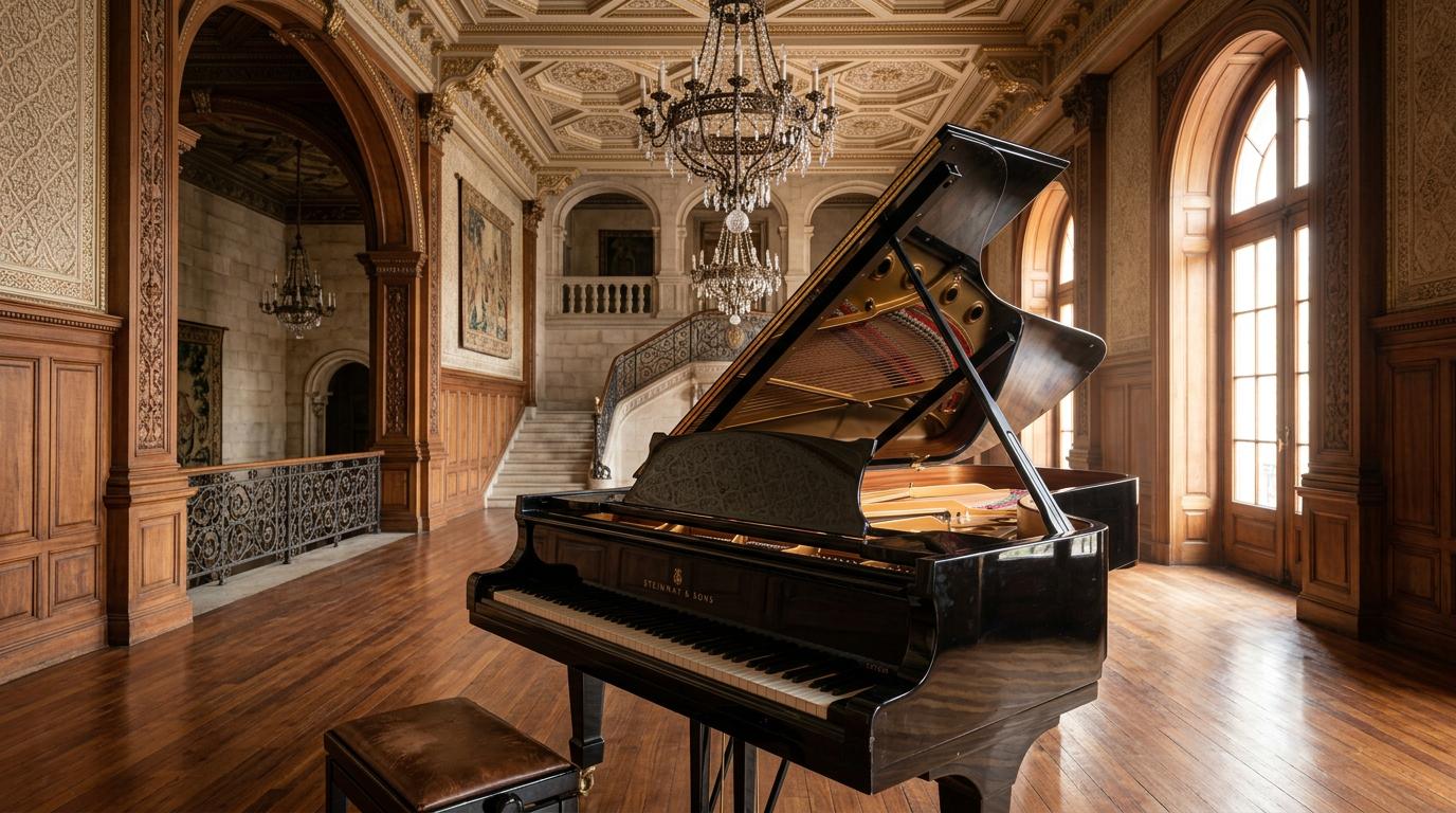 Piano à Cordoue : l’hommage aux maîtres du XXe siècle Un piano à queue noir élégant dans un salon historique espagnol, baigné de lumière naturelle, évoquant la tradition musicale classique de Cordoue.