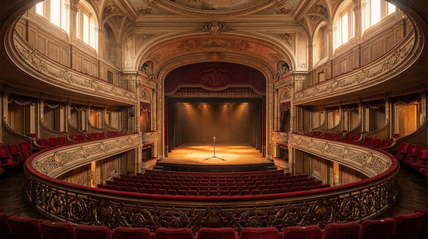 Intérieur élégant du Gran Teatro de Cordoue avec ses balcons dorés et ses sièges en velours rouge sous une lumière de scène chaleureuse.