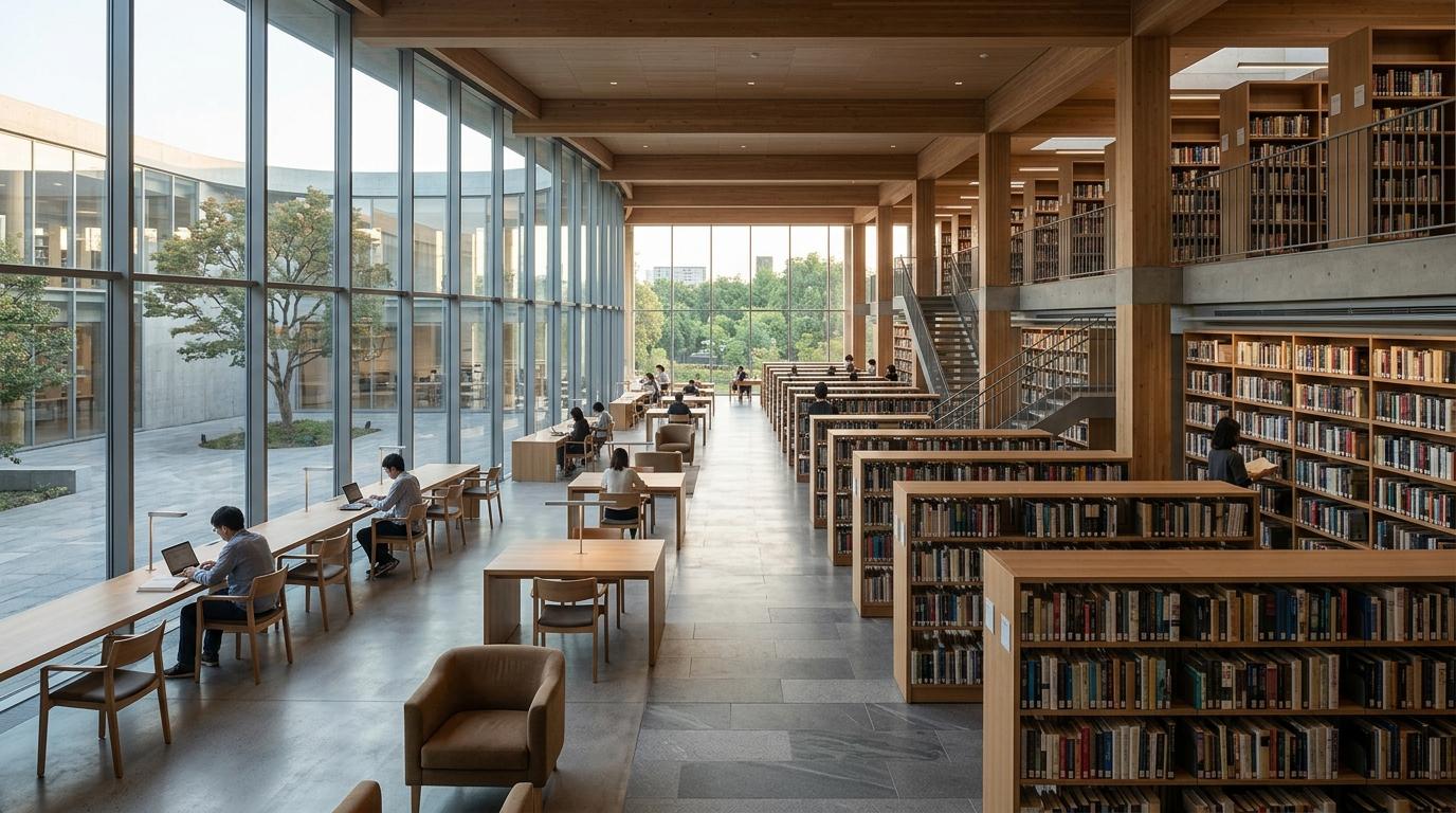 Printemps de la littérature à Cordoue : Aramburu et Sara Torres Intérieur moderne et lumineux de la bibliothèque Grupo Cántico à Cordoue avec de grandes baies vitrées et des rayonnages épurés.
