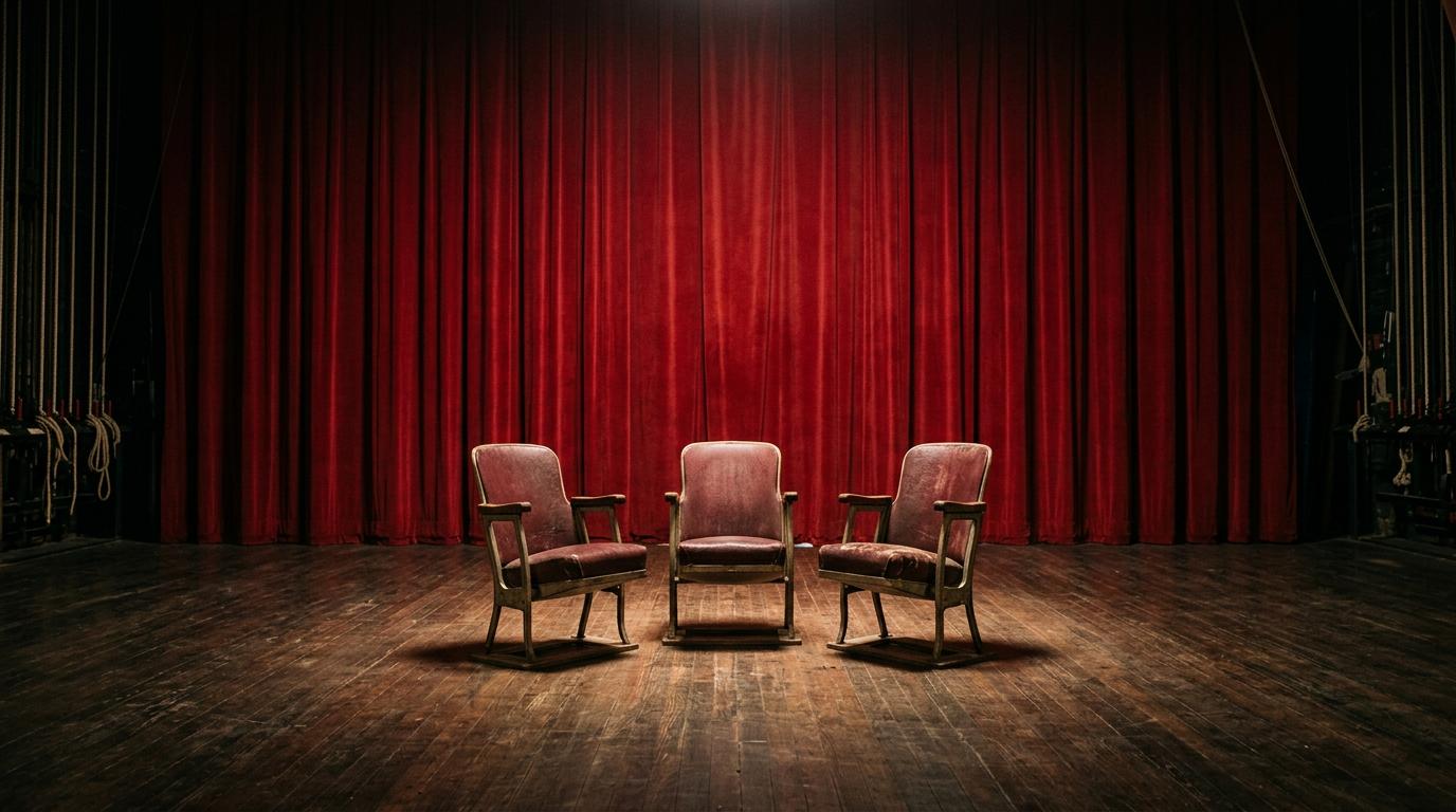 Une scène de théâtre sombre avec trois chaises sous un projecteur, évoquant l'intimité d'une pièce contemporaine à Cordoue.