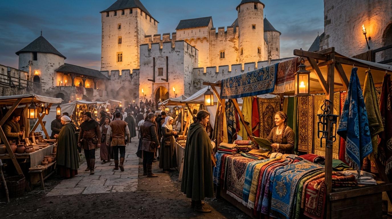 Le marché médiéval du Zoco de la Encantá au pied du château d'Almodóvar del Río, illuminé par des lanternes artisanales au crépuscule.
