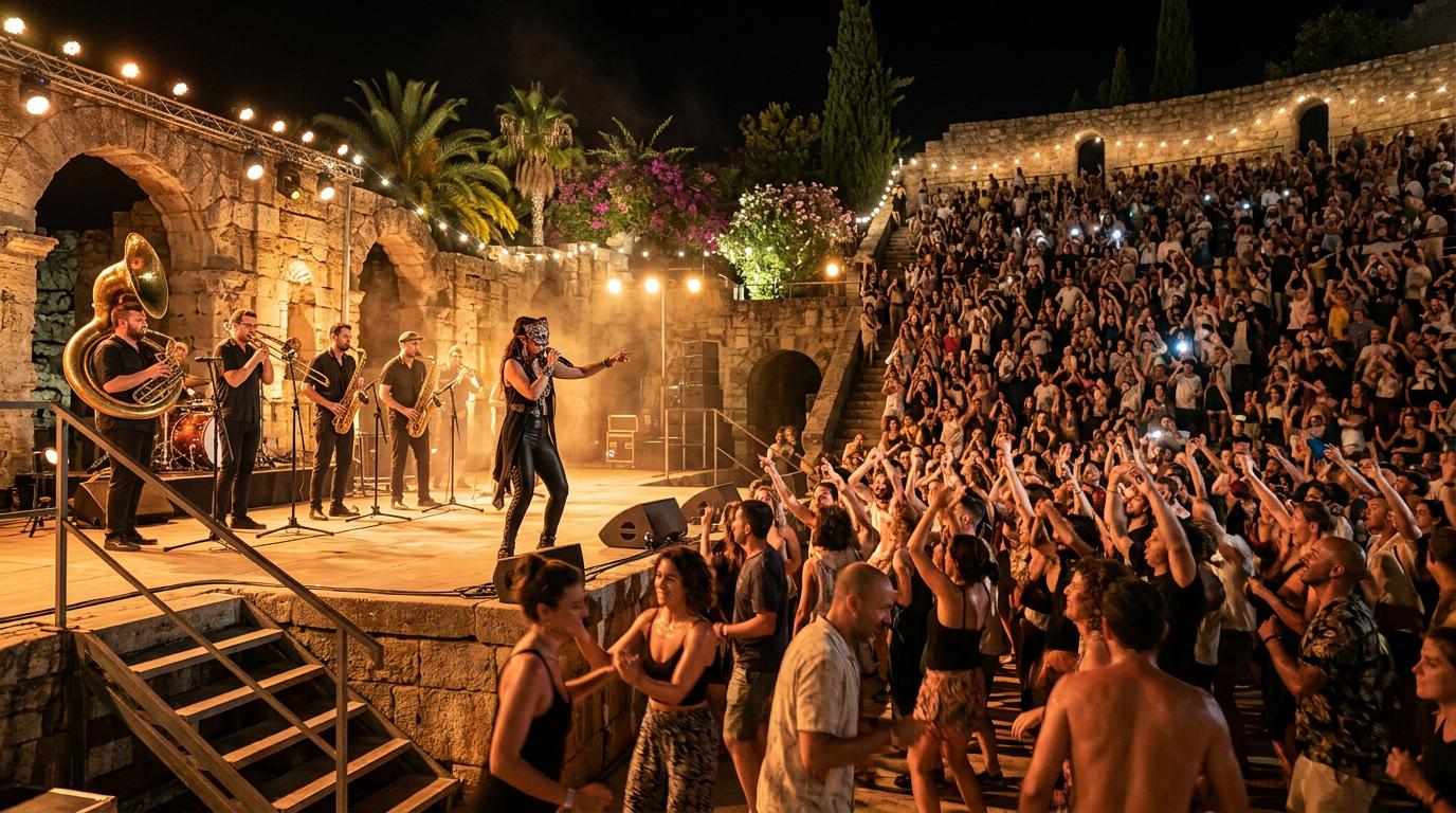 Concert de Tito Ramírez à l'Ambigú de La Axerquía à Cordoue, avec les musiciens sous les projecteurs et une ambiance de fête nocturne andalouse.