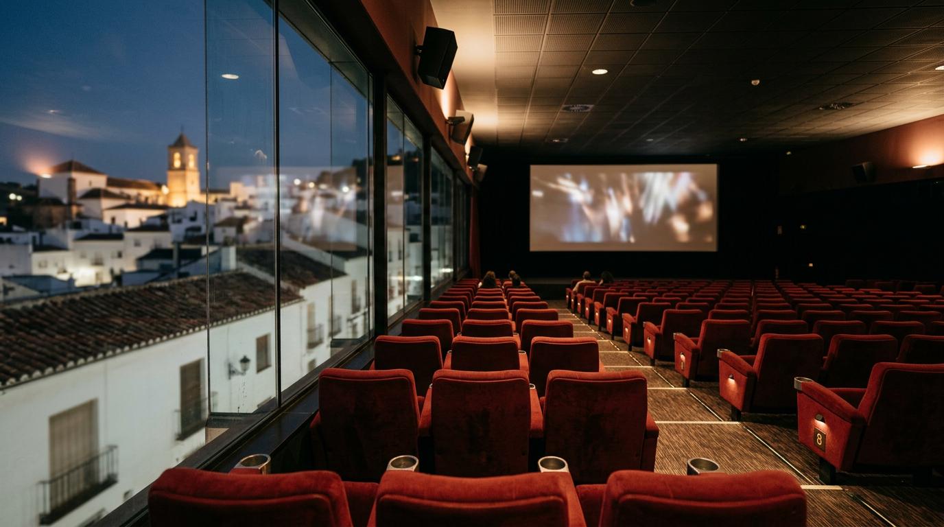 Intérieur d'une salle de cinéma moderne à Cordoue avec des fauteuils en velours rouge et une lumière tamisée créant une ambiance feutrée.