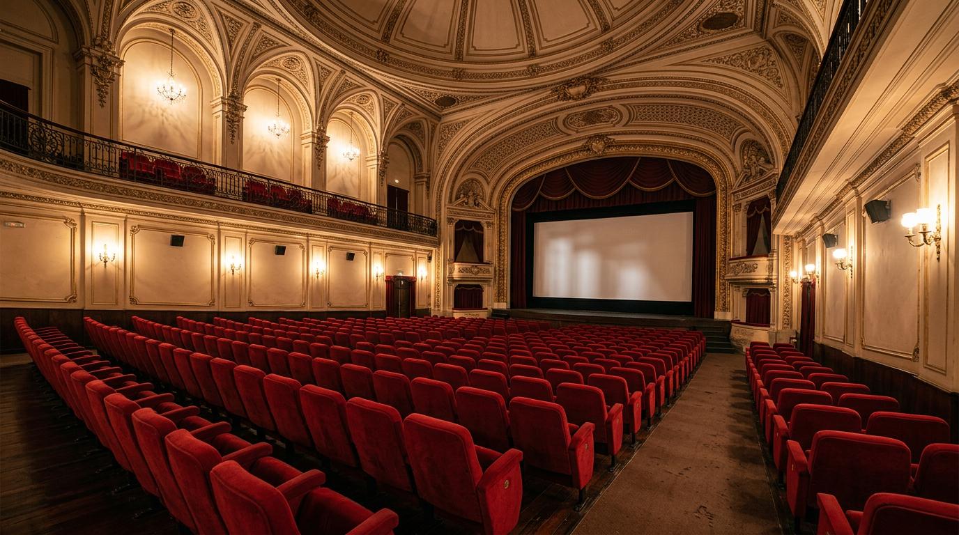 Cinéma à Cordoue : les sorties attendues du printemps 2026 Intérieur d'une salle de cinéma classique à Cordoue avec des fauteuils en velours rouge et un éclairage d'ambiance chaleureux.