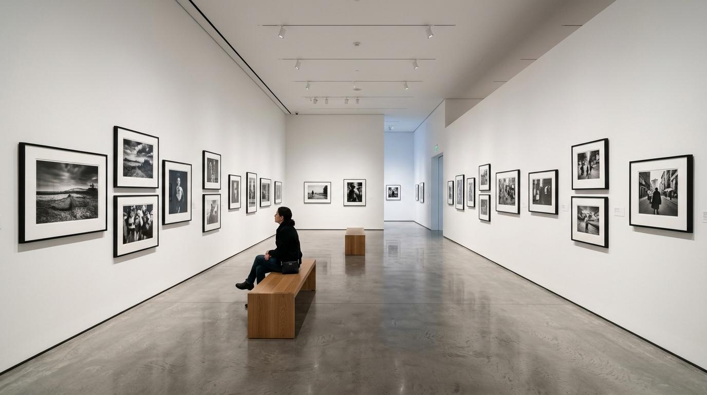 Intérieur d'une galerie d'art contemporain à Cordoue présentant des photographies en noir et blanc dans une atmosphère minimaliste et solennelle.