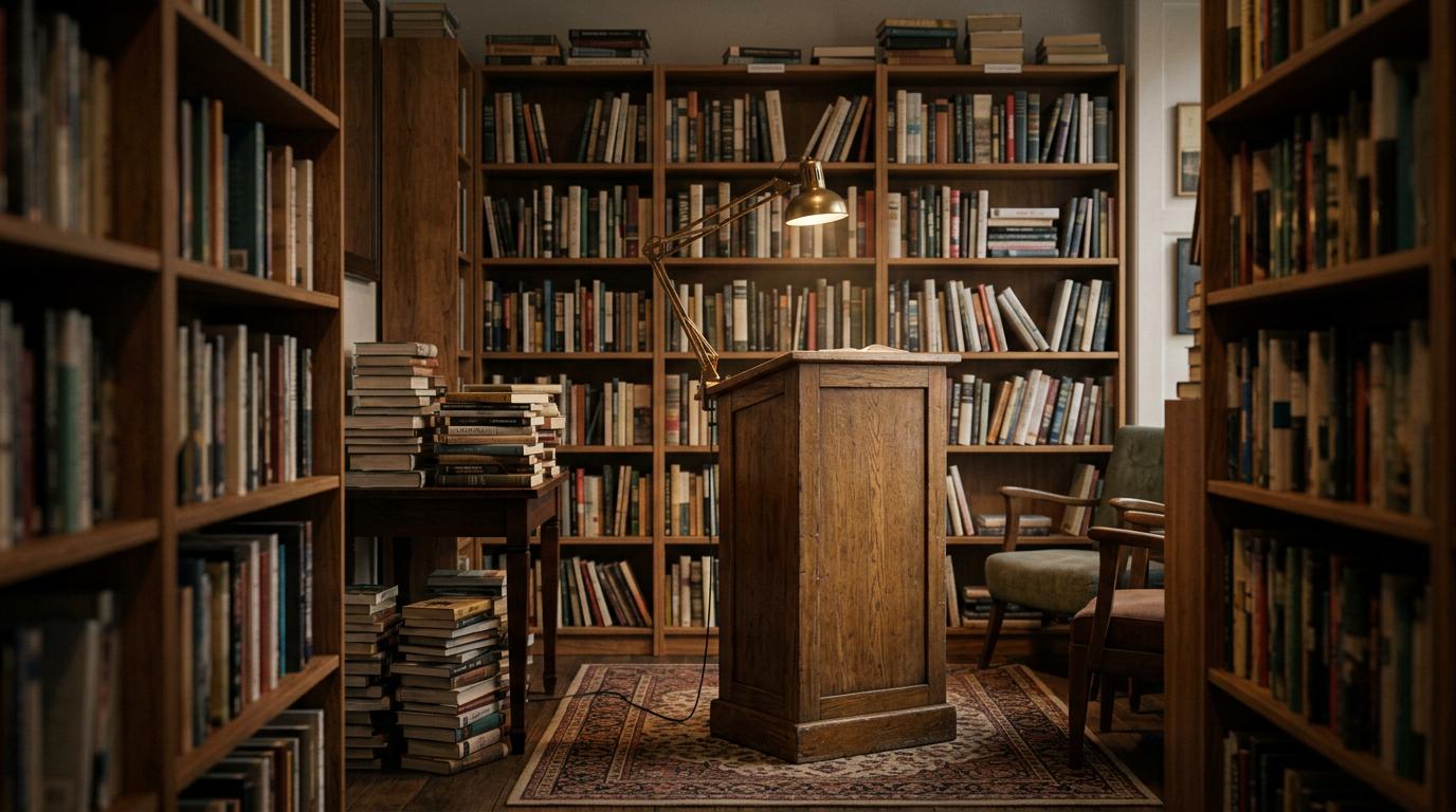 José Daniel García à Cordoue : les amours athées Intérieur chaleureux d'une librairie indépendante avec des étagères en bois et une lumière tamisée créant une ambiance littéraire intime.
